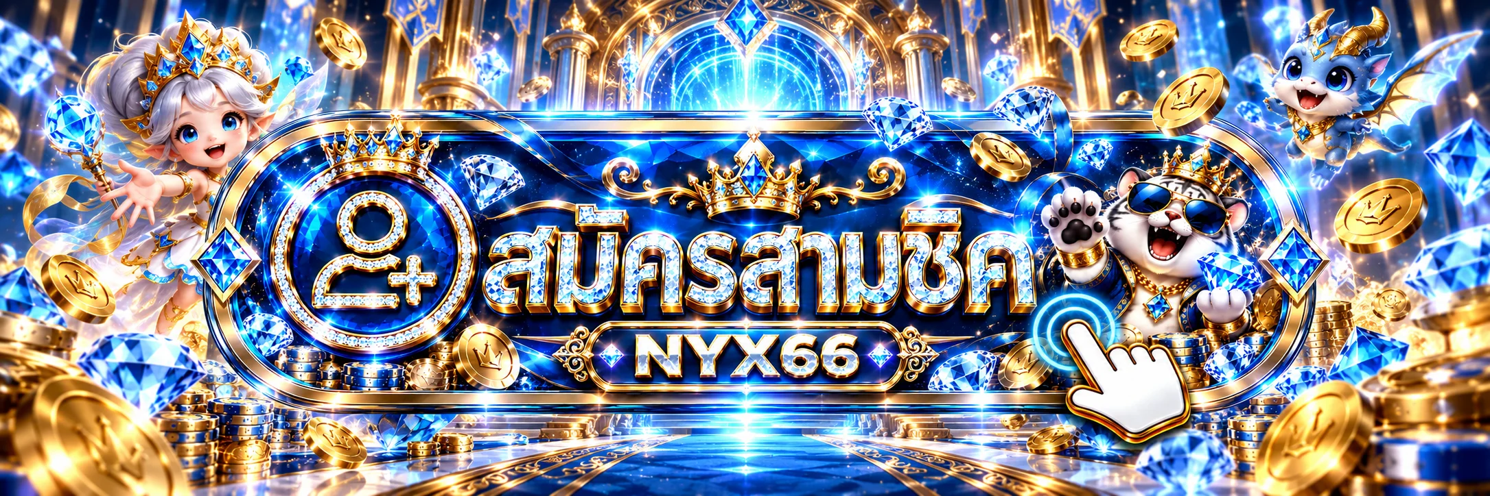 ปุ่มสมัครสมาชิก NYX66 บนประตูทางเข้าสีน้ำเงินทอง